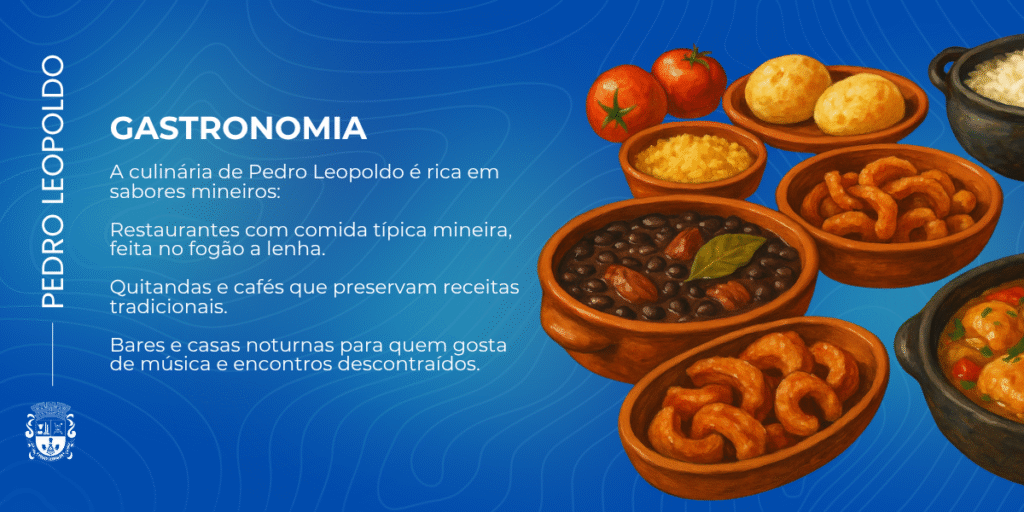 Arte institucional da Prefeitura de Pedro Leopoldo com fundo azul e linhas curvas que lembram um mapa topográfico. À esquerda, o texto vertical “PEDRO LEOPOLDO” e o brasão da cidade. O título em destaque diz “Gastronomia”, seguido do texto: “A culinária de Pedro Leopoldo é rica em sabores mineiros: – Restaurantes com comida típica mineira, feita no fogão a lenha. – Quitandas e cafés que preservam receitas tradicionais. – Bares e casas noturnas para quem gosta de música e encontros descontraídos.” À direita, há ilustrações coloridas de pratos típicos da culinária mineira, como feijão tropeiro, torresmo, pão de queijo, arroz, angu, e tomates, todos servidos em cumbucas e panelas de barro, sobre um fundo azul vibrante. A imagem transmite aconchego e tradição.
