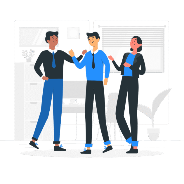 A imagem é uma ilustração que mostra três pessoas em um ambiente de escritório. Todos estão vestidos de maneira profissional, usando calças escuras, camisas sociais e gravatas em tons de azul. Dois homens e uma mulher conversam animadamente, sorrindo e fazendo gestos com as mãos, como se comemorassem uma conquista ou estivessem trocando ideias de forma positiva. Ao fundo, aparecem elementos sutis de um escritório, como mesa, gaveteiro e uma planta decorativa. A cena transmite trabalho em equipe, colaboração e bom ambiente profissional.