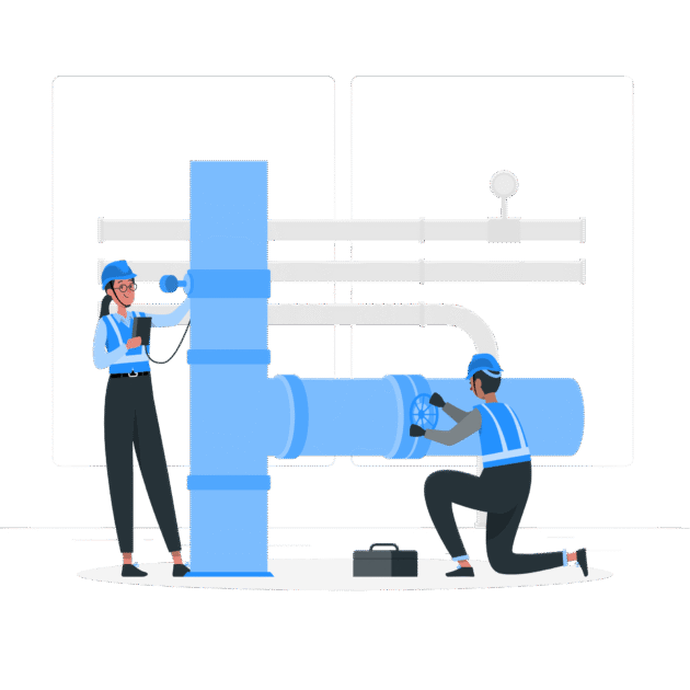 A imagem é uma ilustração de dois trabalhadores atuando em um grande sistema de tubulação. À esquerda, há uma mulher usando capacete azul, óculos e uniforme de segurança. Ela segura uma prancheta e parece realizar uma inspeção visual. À direita, um homem também com capacete e uniforme azul está ajoelhado, usando ferramentas para ajustar uma válvula presa ao tubo. No chão, há uma maleta de ferramentas. As tubulações são grandes, em tons de azul, com várias conexões e curvas ao fundo. A cena transmite a ideia de manutenção, infraestrutura e trabalho técnico.