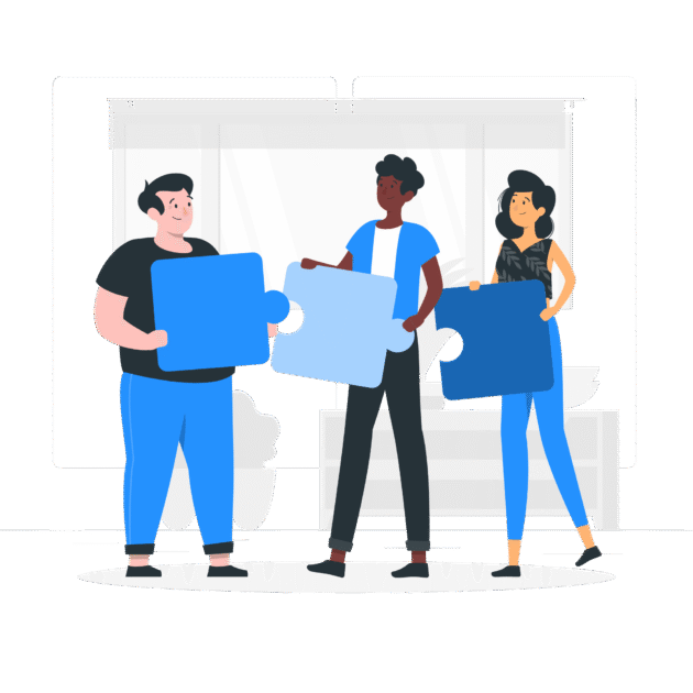 A imagem é uma ilustração mostrando três pessoas em pé, cada uma segurando uma peça grande de quebra-cabeça em tons de azul. À esquerda, há um homem com camiseta preta e calça azul, sorrindo enquanto segura uma peça azul-clara. No centro, outra pessoa segura uma peça azul-clara um pouco mais curva, como se estivesse tentando encaixá-la nas demais. À direita, uma mulher segura uma peça azul-escura com o espaço do encaixe. O fundo traz elementos suaves de um ambiente interno, com janelas e móveis estilizados. A cena transmite união, trabalho coletivo e construção conjunta.